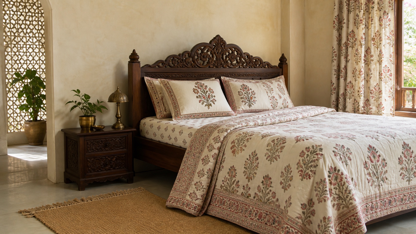 Hand-block printed bedding in a warm Jaipur-inspired bedroom